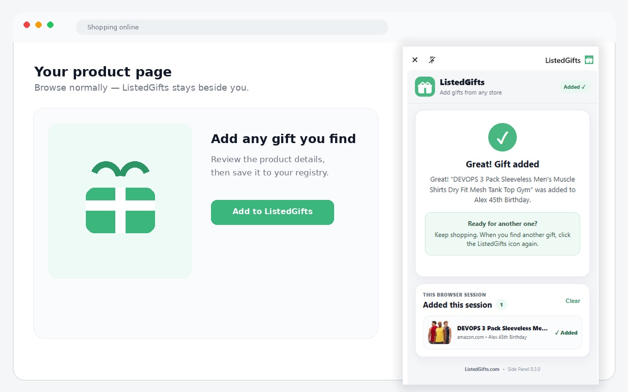 ListedGifts Chrome extension showing the Add Gift side panel while shopping online