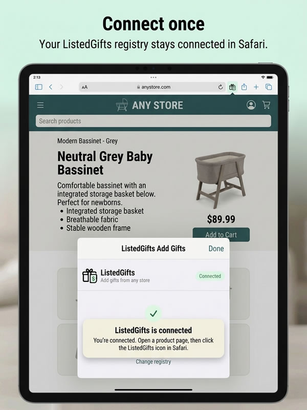 ListedGifts Safari extension connected in Safari