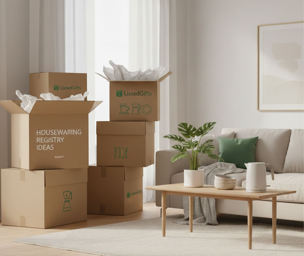 Housewarming registry ideas with moving boxes and a styled living room