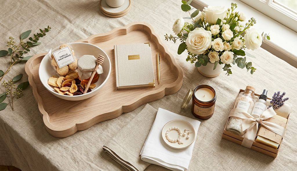 Bridal shower registry ideas flat lay with hosting and home gifts