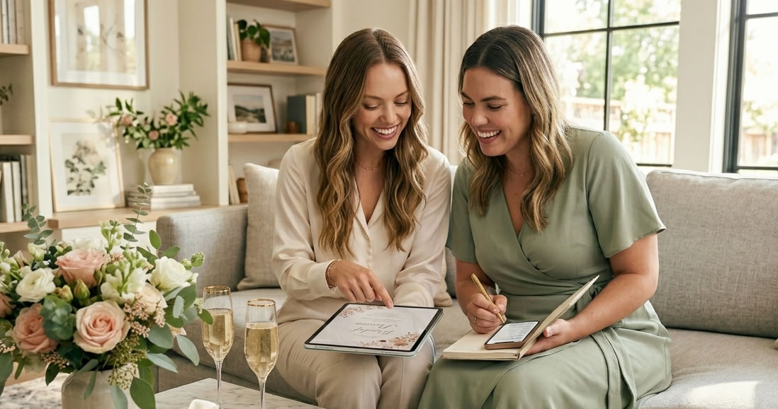 Bride and maid of honor planning bridal shower invitations with a registry link