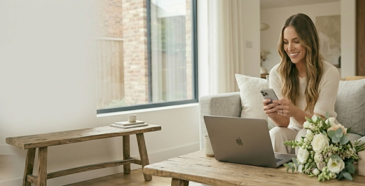 Bride smiling while updating her wedding registry on her phone
