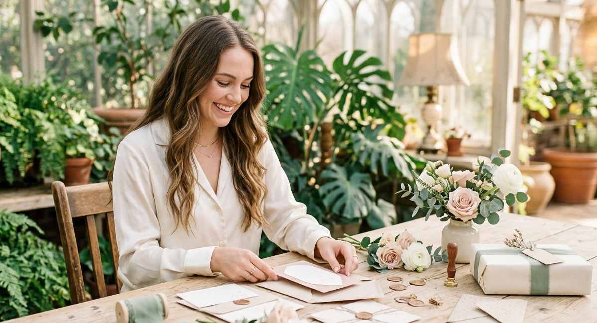 Bride sending out invitations and registry link