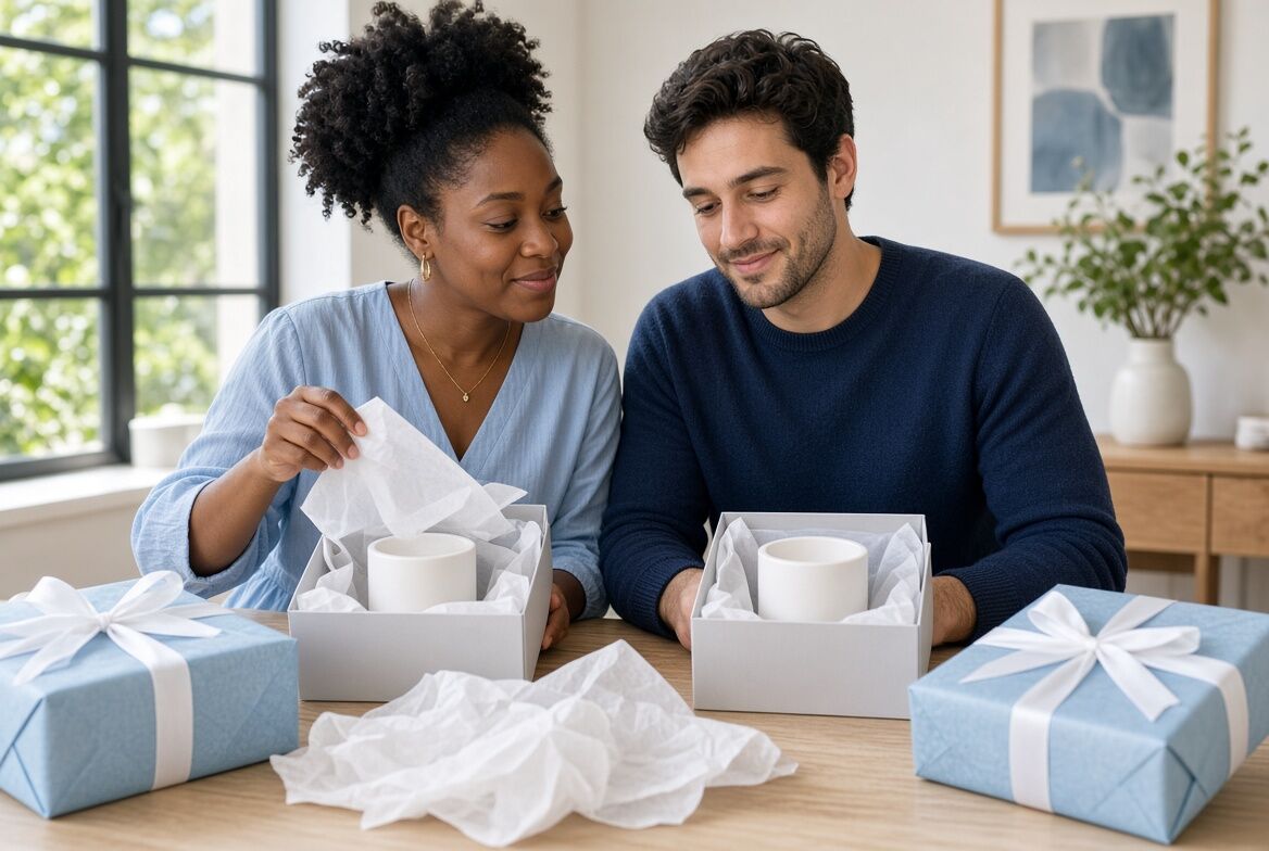 Couple discovering two matching registry gifts while opening presents