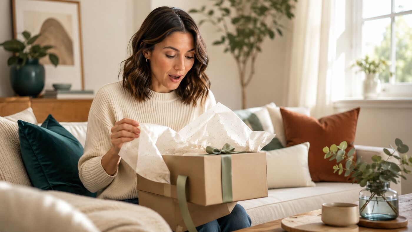 Recipient opening a registry gift without obvious sender information