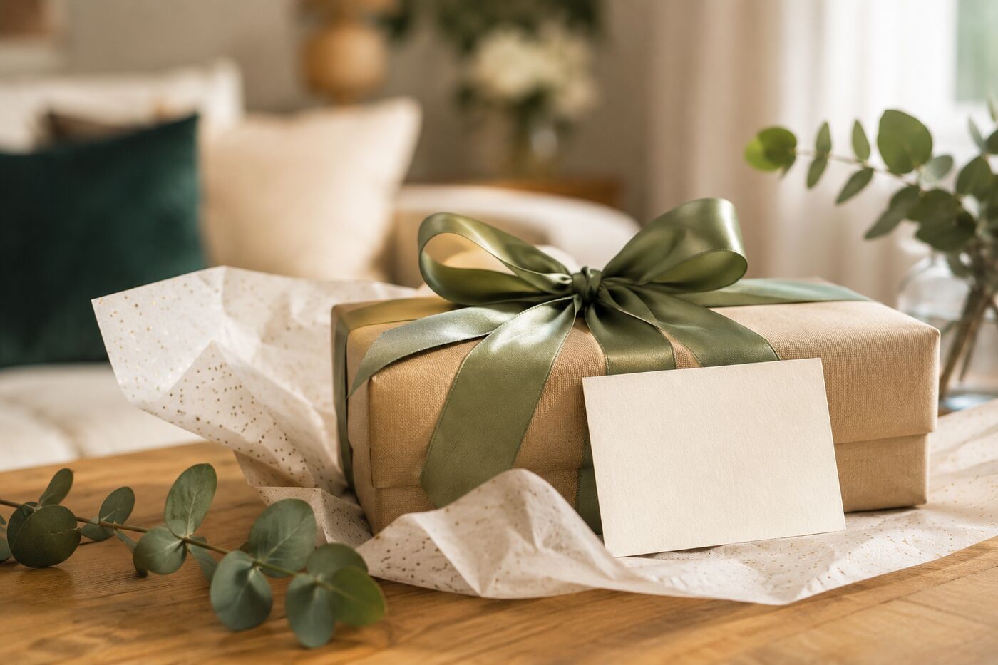 Wrapped gift with a blank card and no visible sender information
