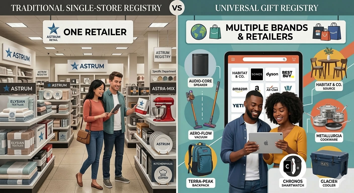 Split comparison showing a traditional single-store registry versus a universal gift registry with items from multiple brands