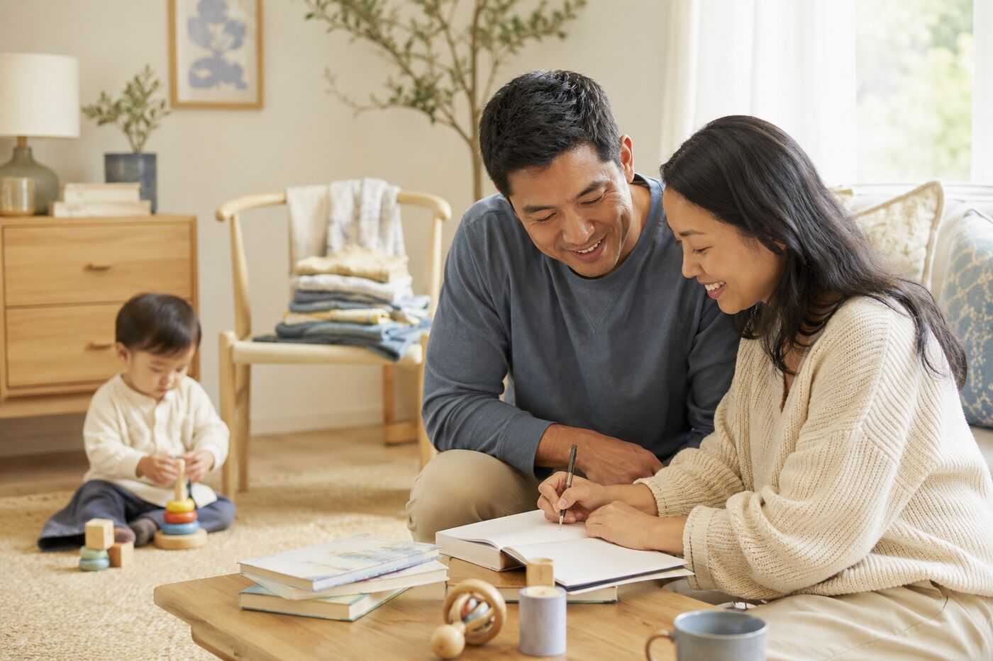 Parents planning useful first-birthday gifts while their toddler plays nearby