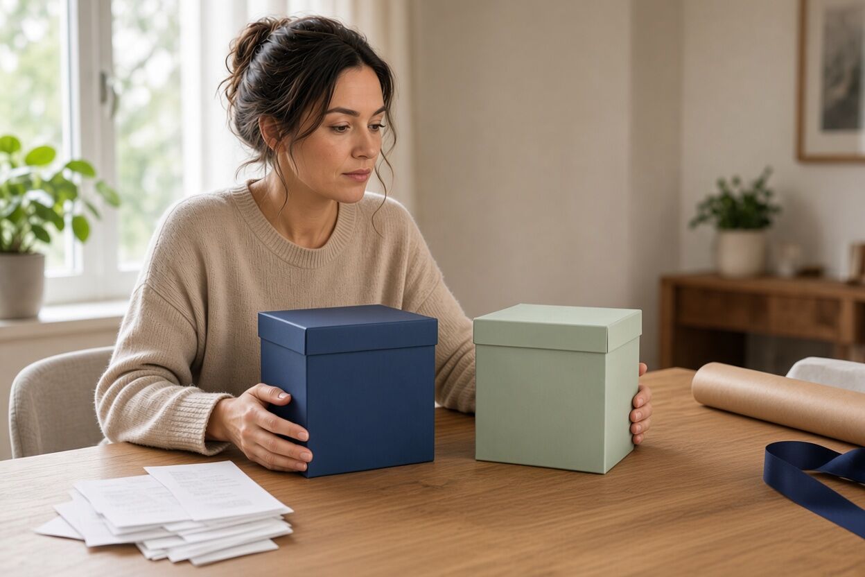 Comparing two duplicate boxed gifts and receipts before an exchange