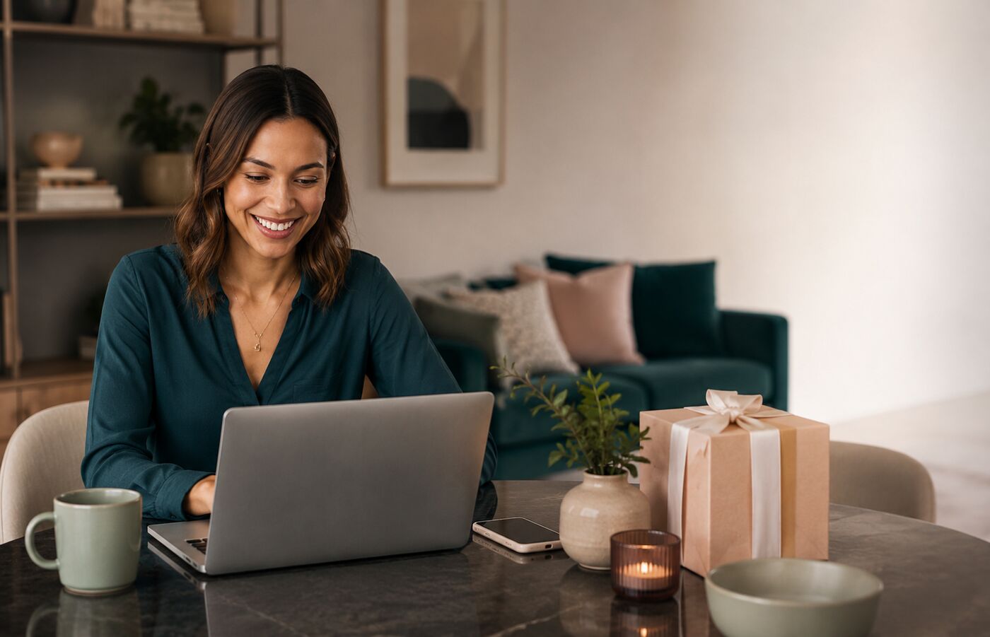 Registry owner reviewing a gift list on a laptop beside a wrapped present