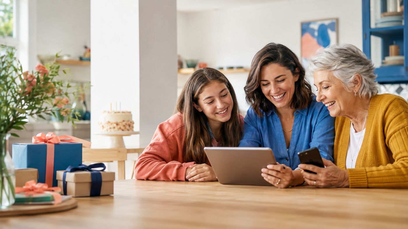 Three generations planning birthday gift ideas together