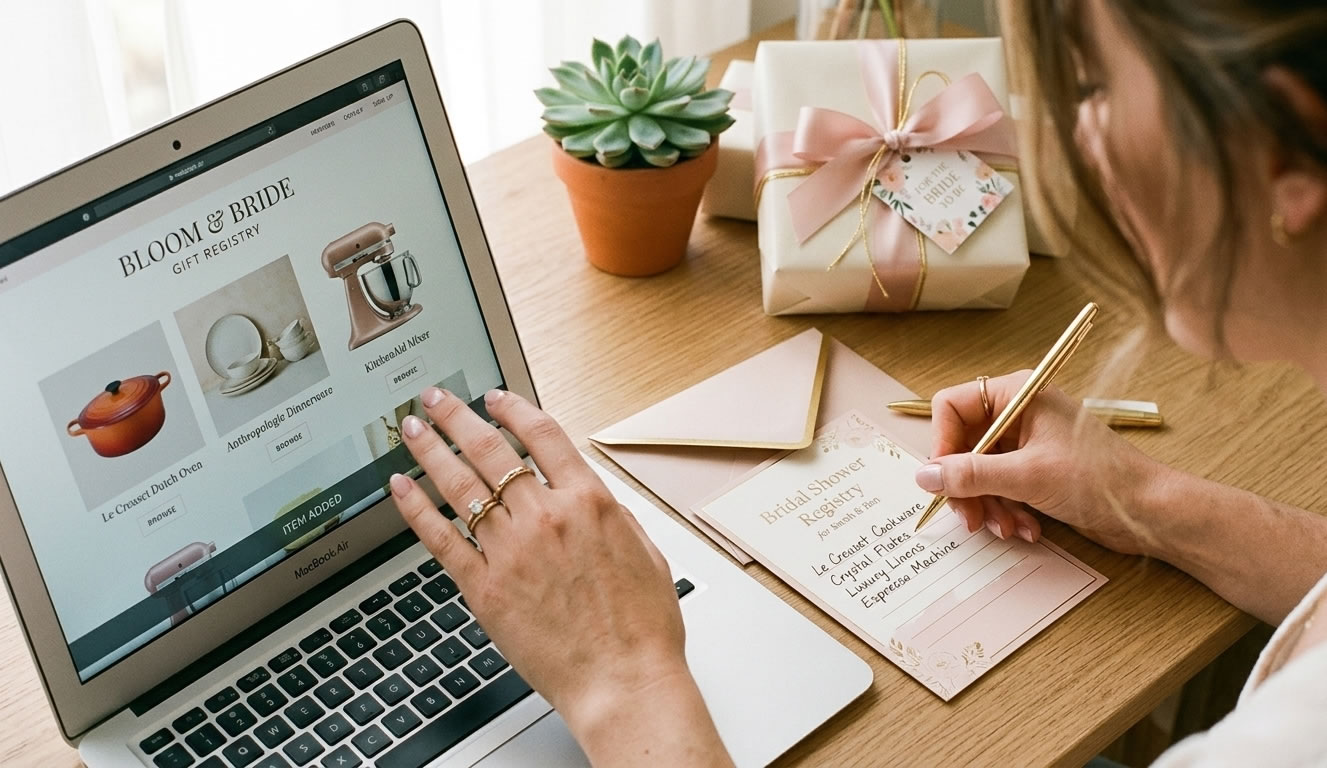 Bride-to-be creating bridal shower registry on laptop with stationery nearby