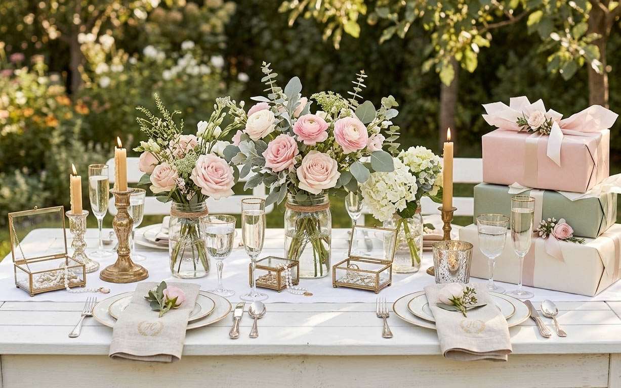 Bridal shower registry guide cover with elegant table styling and florals