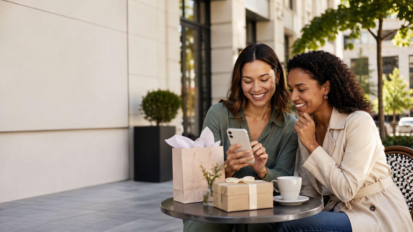 Friends looking at a phone beside a wrapped gift during a casual café visit