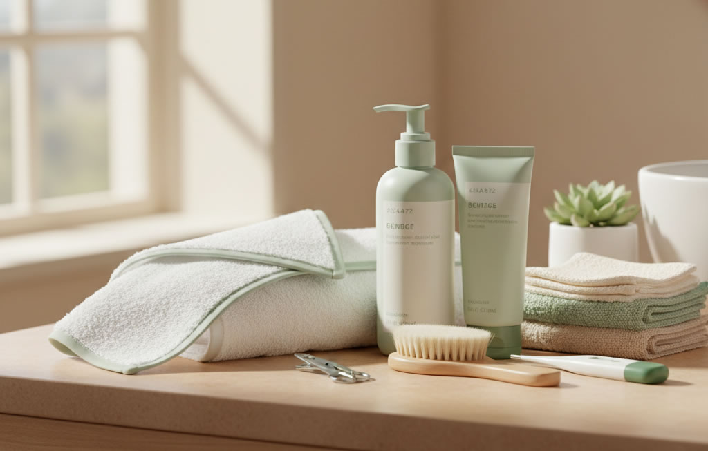 Baby bathing and grooming essentials styled in a clean magazine layout for a modern baby registry
