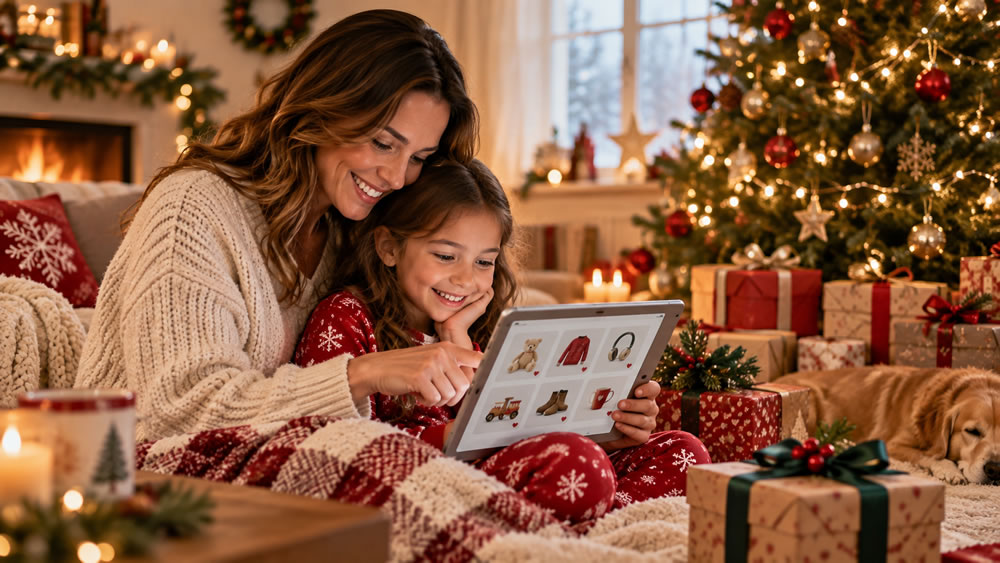 Christmas wishlist displayed on a phone and laptop beside wrapped gifts