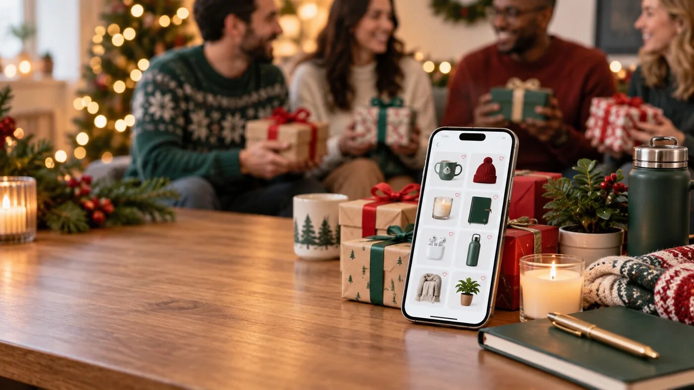 Friends exchanging Secret Santa gifts with a shared wishlist on a phone