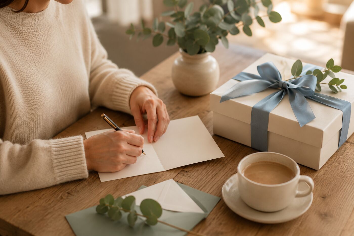 Writing a thank-you card beside a wrapped gift