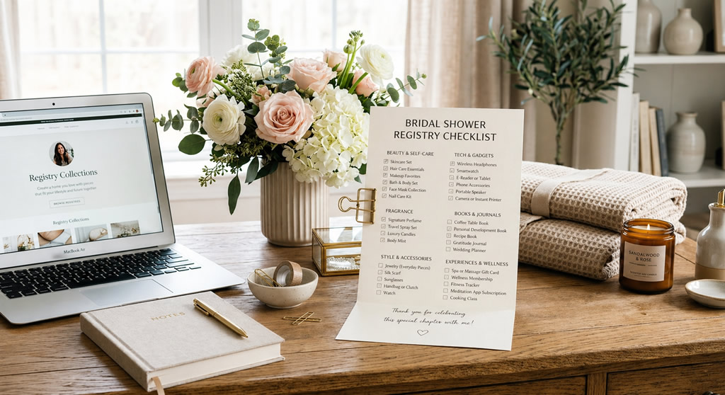 Bridal shower registry checklist on a desk beside a laptop