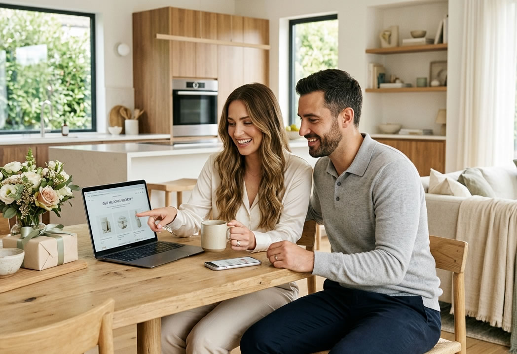 Smiling engaged couple comparing replacement wedding registry gifts