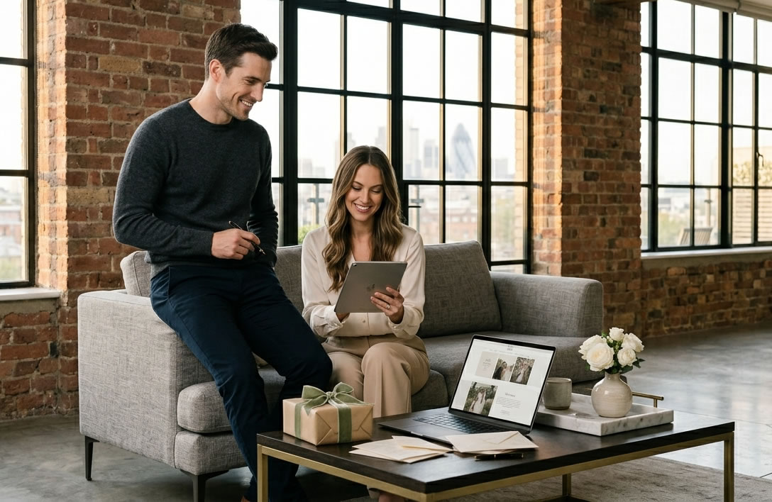 Smiling engaged couple adding their wedding registry to their wedding website