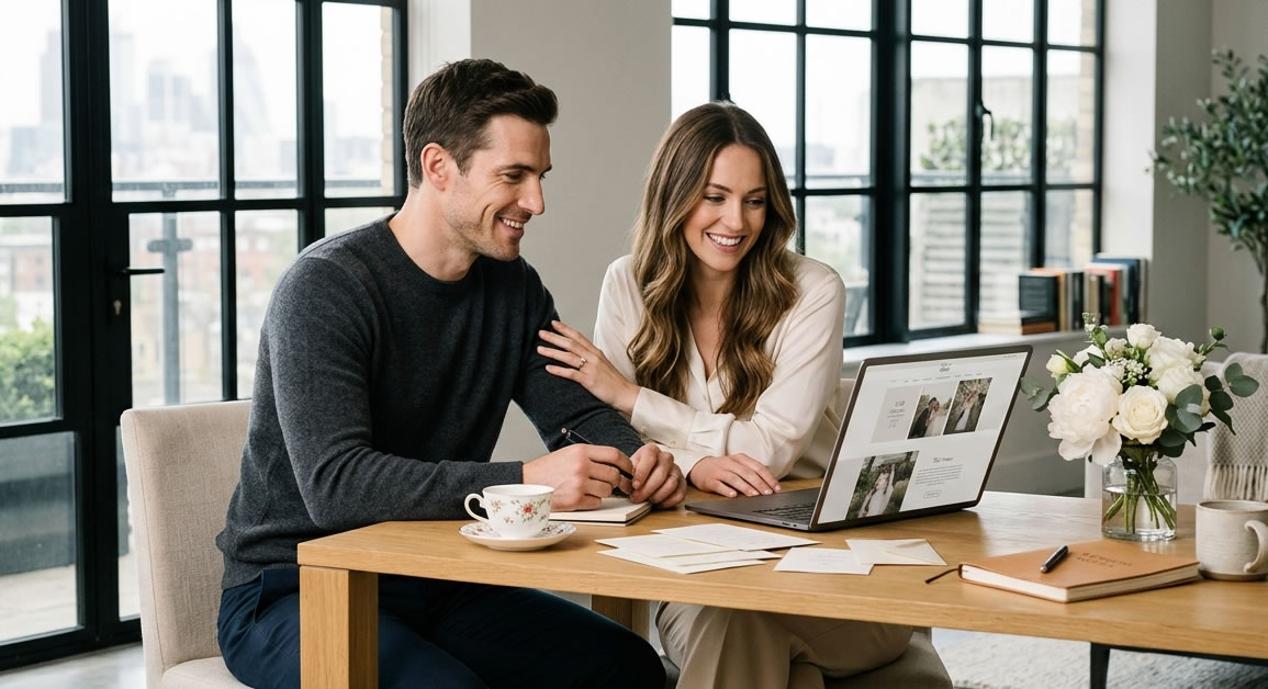 Smiling couple reviewing where to place a wedding registry link on their wedding website